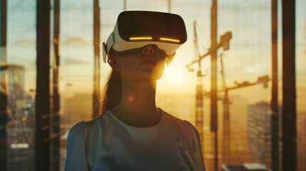 beautiful woman wearing futuristic vr virtual reality headset in the middle of futuristic office with cranes on the background of city and tall buildings with bright light 