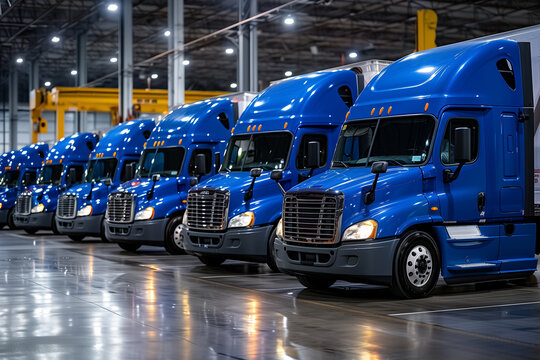 A row of blue semi trucks are parked in a warehouse. The trucks are all the same color and are parked in a neat row