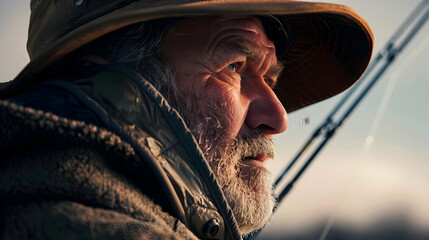 Portrait of a fisherman casting a line, with light and shadow highlighting their focused expression and the motion of the cast.
