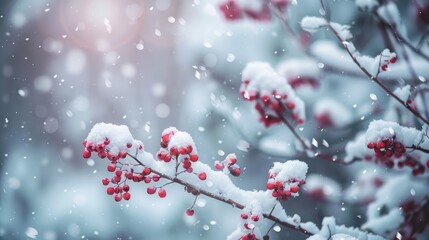 Snow covered branches and shrubs during the winter season