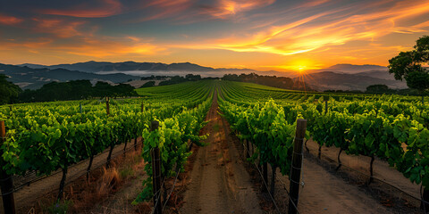 Naklejka premium Vineyard at sunset | Scenic wine country landscape