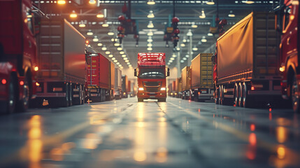 A red semi truck is driving down a long, empty road. The truck is surrounded by other trucks, and the scene is set in a large warehouse. Scene is one of industrial activity and transportation