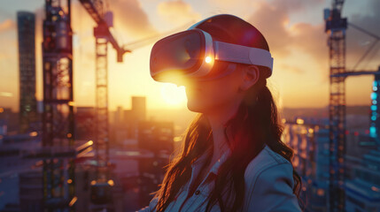 beautiful woman wearing futuristic vr virtual reality headset in the middle of futuristic office with cranes on the background of city and tall buildings with bright light 