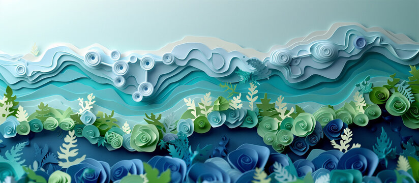 A blue and green paper art piece of a beach scene with a wave