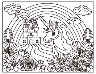 Coloring page. unicorn and castle and flower. Line art drawing for kids coloring book in zentangle style. 