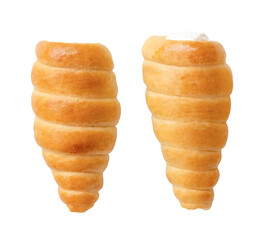 Top view set of puff pastry cream horns scattering isolated with clipping path in png file format