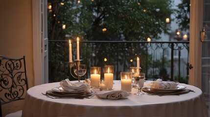 candlelit dinner table set for two on a secluded balcony. selective focus