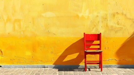 red chair against yellow wall with shadow on street vibrant color contrast vertical frame 11