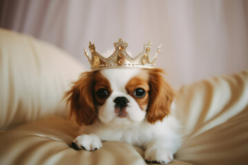 Сute fluffy puppy wearing golden crown, lying in bed on silk sheets. Cavalier king charles spaniel puppy. Royal pleasure.