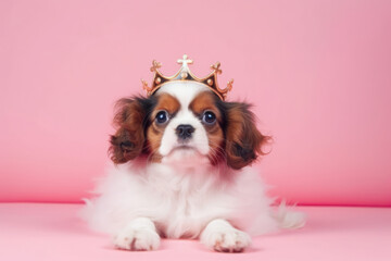 Cavalier king charles spaniel wearing gold crown like queen, laying in center of pink solid background. Royal dog breed. Fashion beauty for pets.