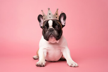 Black and white french Bulldog puppy wearing gold princess crown, sitting in center of pink solid background. Royal breed, queen dog. Fashion for pets.