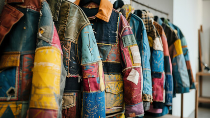 Row of colorful jackets on display, showcasing various designs and patterns, emphasizing fashion diversity and modern style trends in apparel