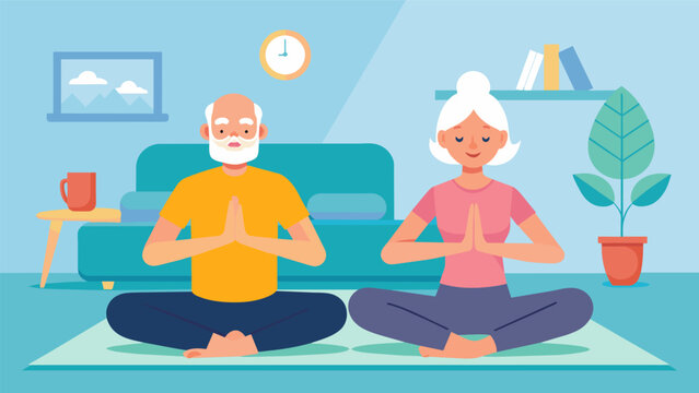 An older couple practices yoga together in their living room using gentle movements and relaxation techniques to manage the pain from their agerelated ailments and find. Vector illustration