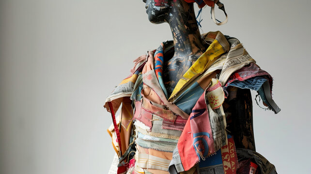 Mannequin with artistic clothing made from recycled materials, showcasing creativity and sustainable fashion in an innovative design approach