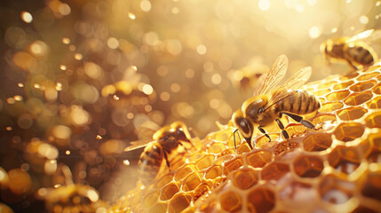 A group of bees close-up making a honeycomb beehive honey from nectar against the background of soft natural sunlight