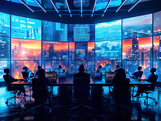 High-tech command center with multiple screens displaying data and cityscape, illustrating advanced technology and real-time information management