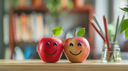 Two couple apple with smiley faces on a desk. International Friendship Day Concept.