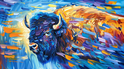 Horizontal oil painting of a Bison