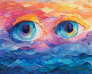 A painting of a pair of eyes with a blue background