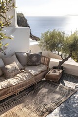 a wicker sofa on the terrace of an hotel in Santorini, overlooking sea and olive trees, with Greek architecture in background