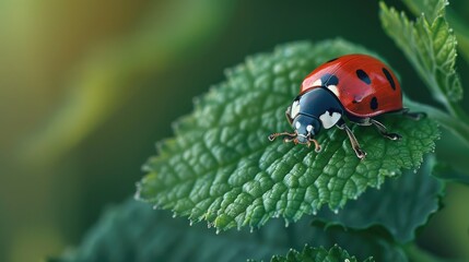 Fototapeta premium A ladybug insect rests on a green leaf in its native habitat