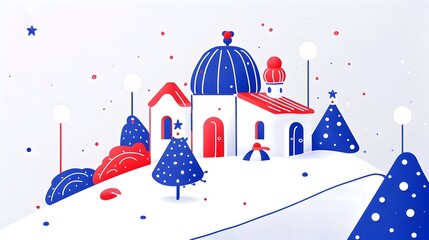 Enchanting Snowy Holiday Scene with Illuminated Domed Buildings and Twinkling Trees
