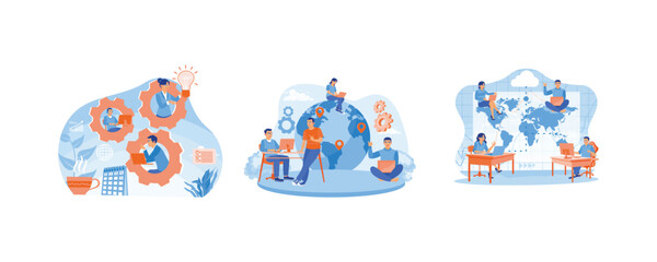 Business Outsourcing. Company development and business strategy. Companies recruit workers from other companies. Outsourcing concept. Set flat vector illustration.