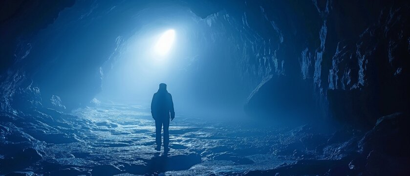 A man is exploring a dark tunnel underground with a headlamp.