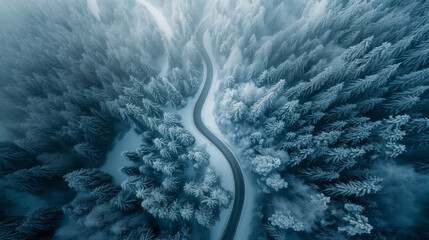 A snowy forest with a road running through it. The road is narrow and winding, and the trees are tall and covered in snow. Concept of solitude and tranquility - Powered by Adobe