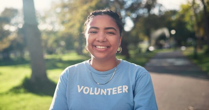 Volunteer, woman and portrait for park clean up, community or charity for environmental safety. NGO, happy or outreach worker in nature, forest and climate change for sustainable pollution project