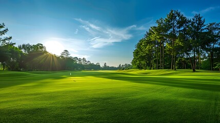 green grass on huge golf fields in summer day