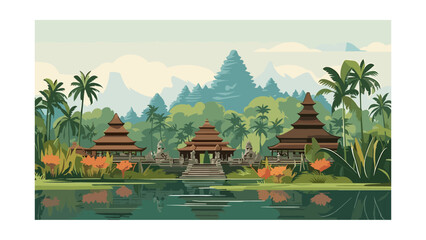 Serene Balinese Temple Silhouette with Idyllic Tropical Vector Background