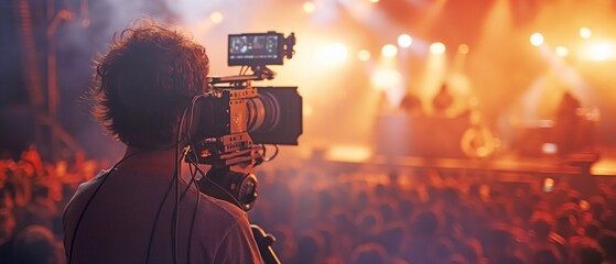 A cameraman during a performance broadcasts something on television. On the elevated platform is a camera manned by an operator.