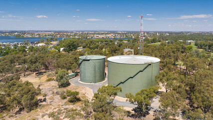 Two large water tanks on a hill in Mulwala overlooking the lake and Yarrawonga