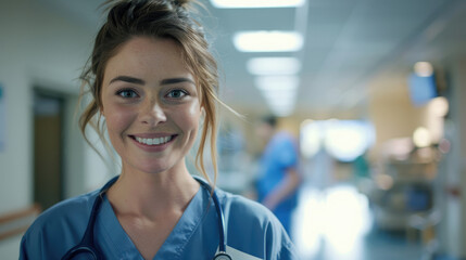 portrait of calm female nurse smiling looking forward wearing hospital uniform staff working against background of busy hospital room background 