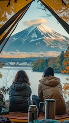 In Tokyo, Japan, a couple travelling by tent camp and enjoying a beautiful view of the Fuji mountains