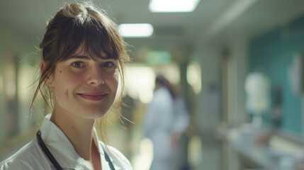 portrait of calm female nurse smiling looking forward wearing hospital uniform staff working against background of busy hospital room background