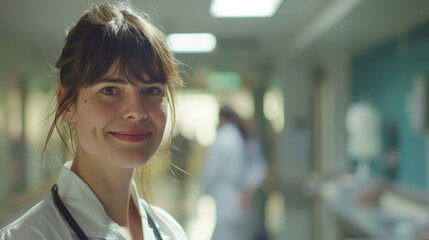 Fototapeta premium portrait of calm female nurse smiling looking forward wearing hospital uniform staff working against background of busy hospital room background