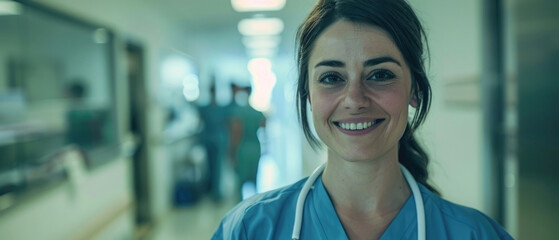 portrait of calm female nurse smiling looking forward wearing hospital uniform staff working against background of busy hospital room background 