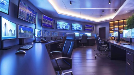 In an office building, a row of computer monitors sits on a desk, creating a symmetrical display. The electric blue glow reflects on the glass surfaces. AIG41