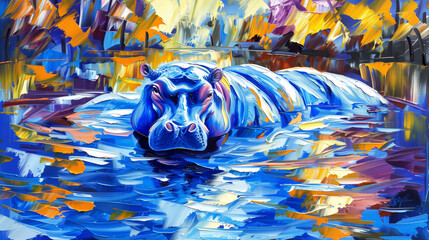 Horizontal oil painting of a Hippo