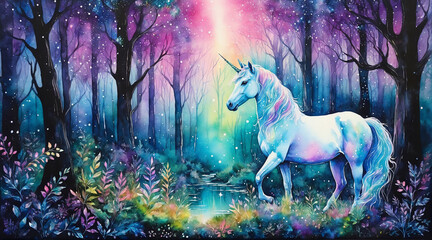Unicorn horse in the dark forest, iridescent watercolor painting style, generative AI.