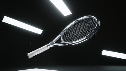futuristic sleek chrome tennis racquet on black background, professional commercial product photography in studio