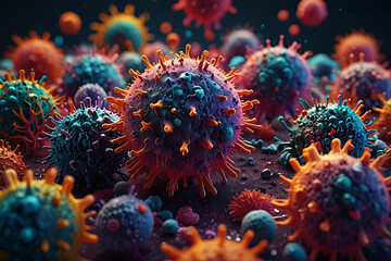 Obraz premium The images show the bright, surreal colors of cancer cells. Feels like you're outside the world. Cancer cells appear in bright, dream-like hues.