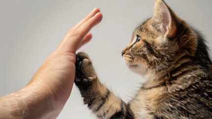 cat's paw high-five with human hand isolated on white background 