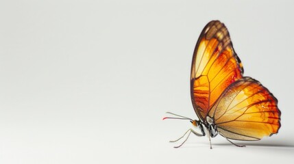 Obraz premium Orange butterfly on white surface with copy space for text in travel and beauty concept