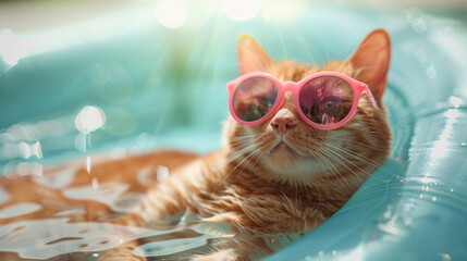 cat in funky sunglasses using swimming ring tire enjoying summer vacation in the water
