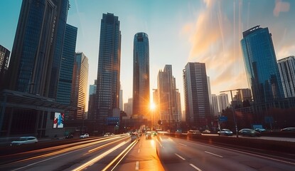 Naklejka premium Modern cityscape with skyscrapers and light trails of cars moving fast on the street at sunset