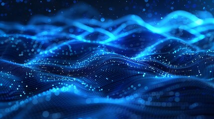 Abstract blue wavy background with glowing dots and waves | Big data, digital technology concept.