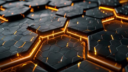 Fototapeta premium Luxury hexagonal abstract black metal background with golden light lines. Dark 3d geometric texture illustration. 